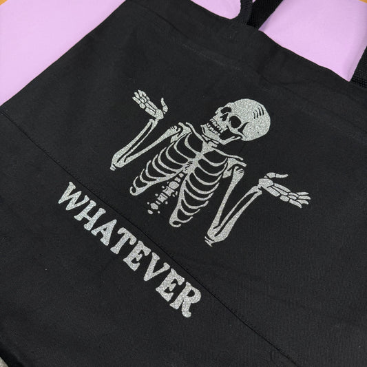 Whatever Shrugging Skeleton | Large 3 Pocket Tote Bag | White Glitter Vinyl or Silver Glitter Vinyl