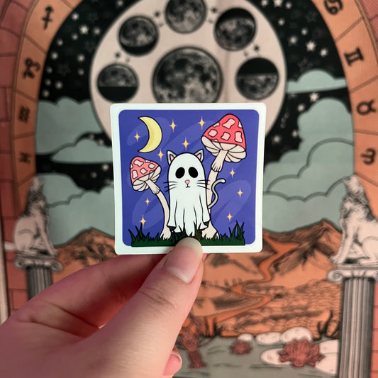 Ghost Cat in Moonlight / 2 Sizes | Waterproof Glossy Vinyl Sticker | Cute Ghostie Cat + Mushy