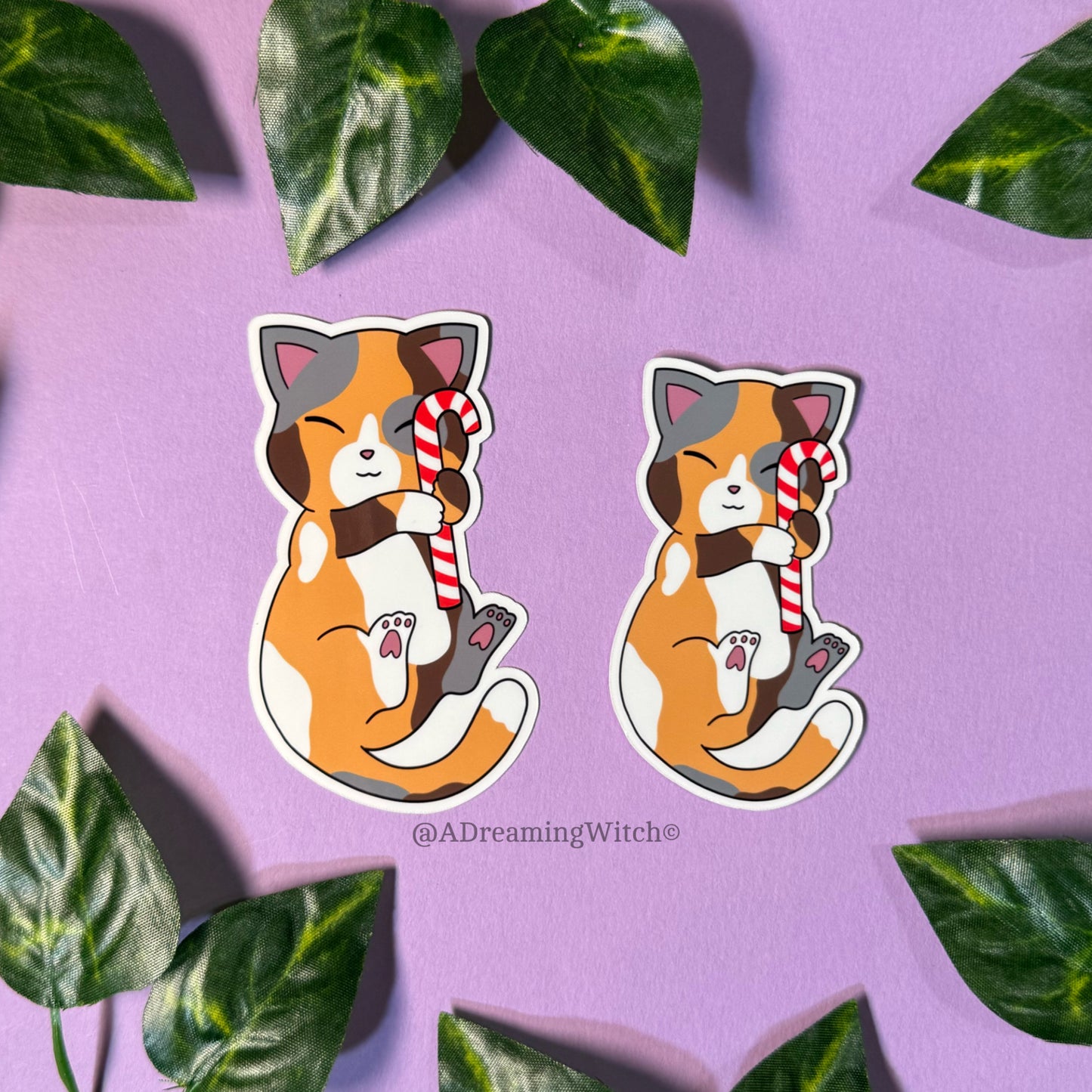 Candy Cane Calico Kitty | Glossy Waterproof Sticker