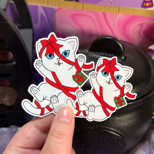 Christmas Wrapped Kitty | Glossy Waterproof Sticker