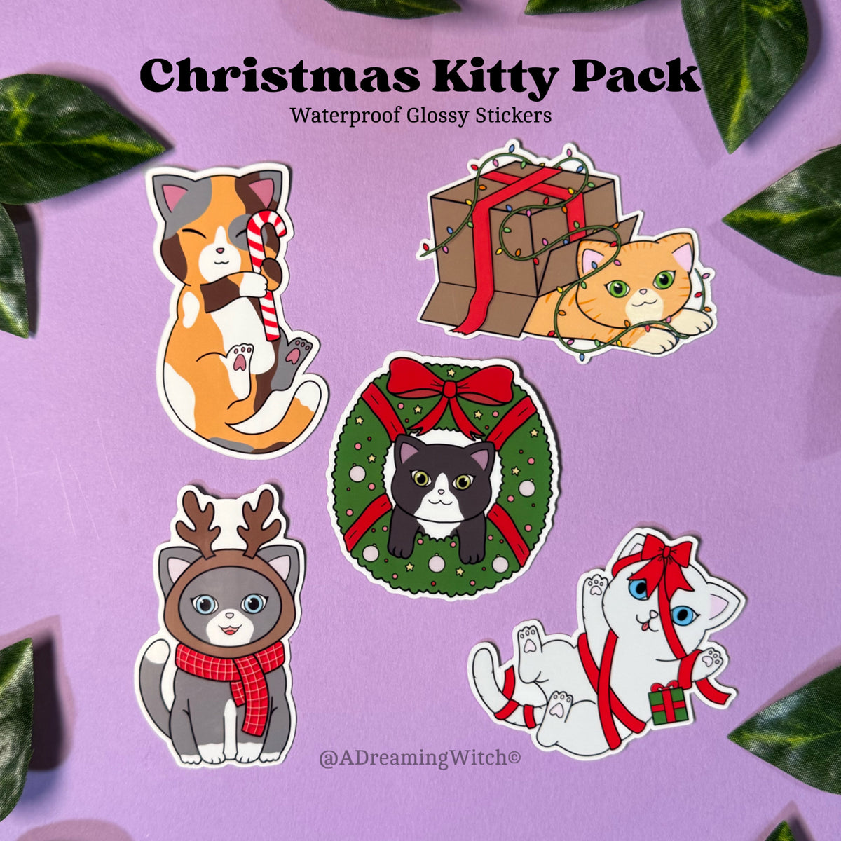 Set of Christmas-themed cat stickers on a purple background with green leaves.