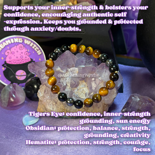 Courage + Self-Expression Bracelet | Intention + Reiki Infused | Tigers Eye, Obsidian, Hematite