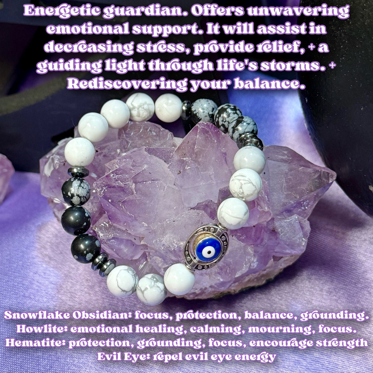 Protection + Support Bracelet | Intention + Reiki Infused | Howlite + Hematite + Snowflake Obsidian Crystal