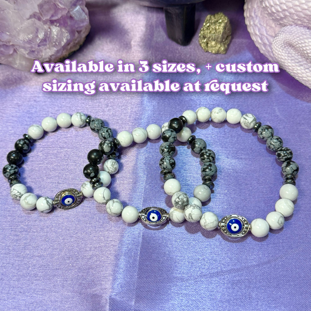 Protection + Support Bracelet | Intention + Reiki Infused | Howlite + Hematite + Snowflake Obsidian Crystal