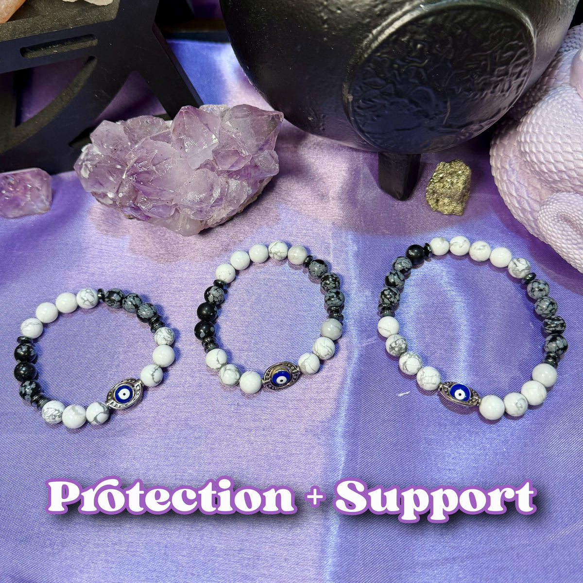 Protection + Support Bracelet | Intention + Reiki Infused | Howlite + Hematite + Snowflake Obsidian Crystal