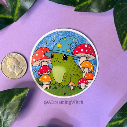 Wizard Toad | Glossy Waterproof Sticker | Frog, mushroom, wizard hat