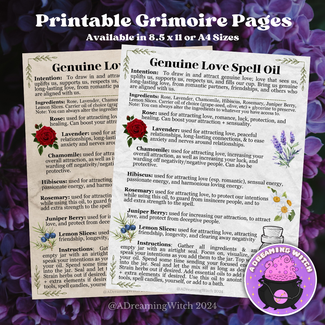 Genuine Love Spell Oil | Printable Download | Grimoire Recipe Page PDF + PNG