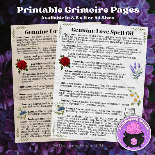 Genuine Love Spell Oil | Printable Download | Grimoire Recipe Page PDF + PNG