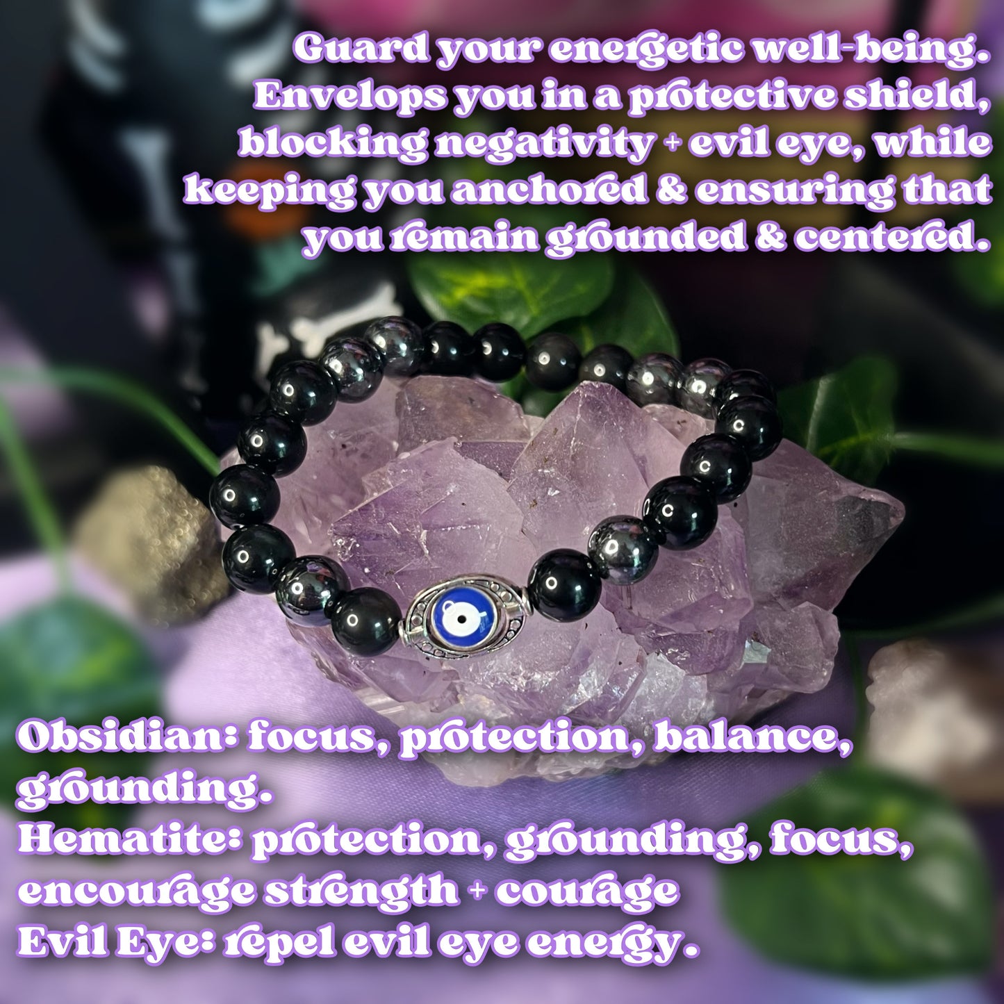 Spiritual Protection Bracelet | Intention + Reiki Infused | Hematite + Obsidian Crystal