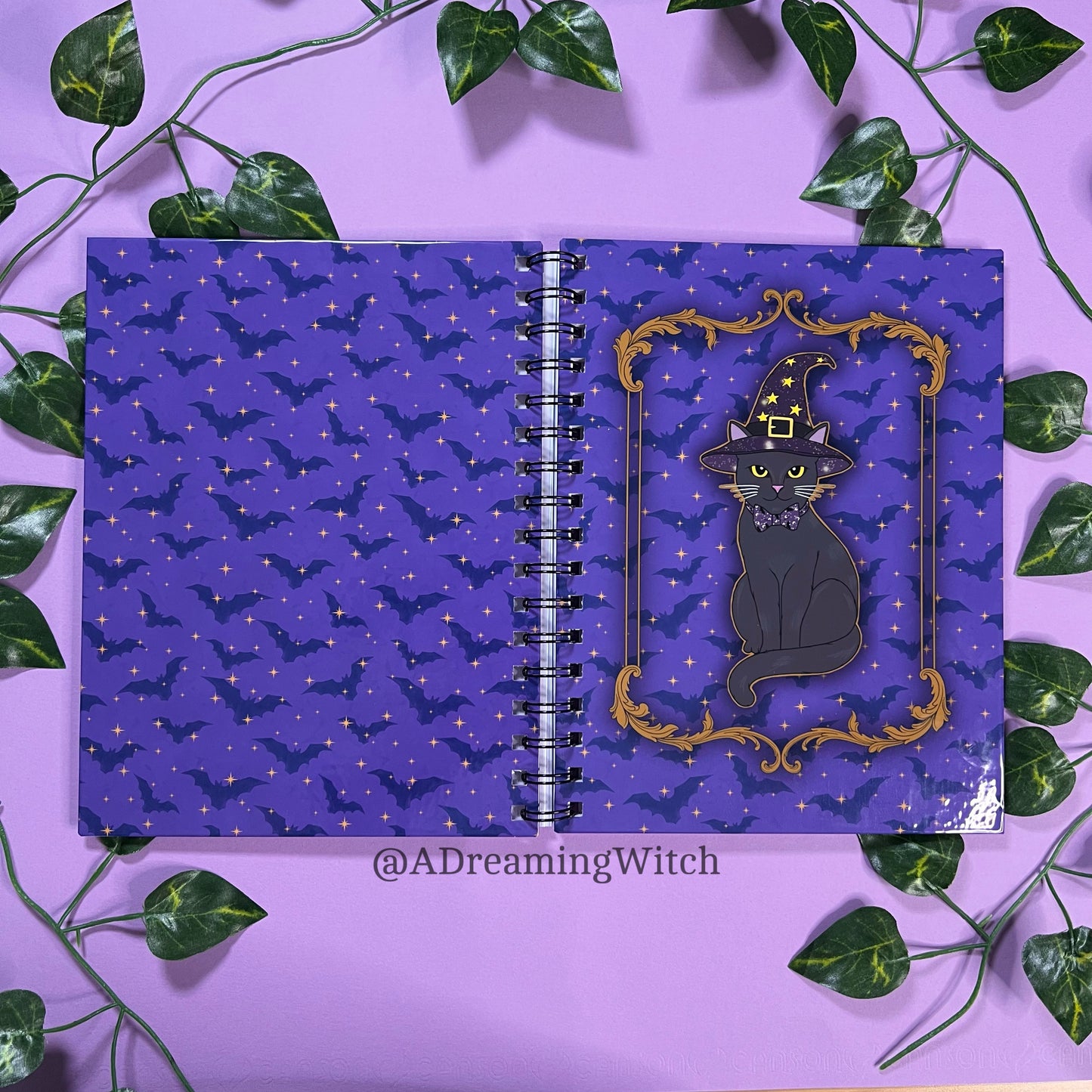 Witchy Cats and Bats | Spiral Notebook | 6.5"x8.5" | Colored Lined Pages | Witchy, halloween, spooky theme