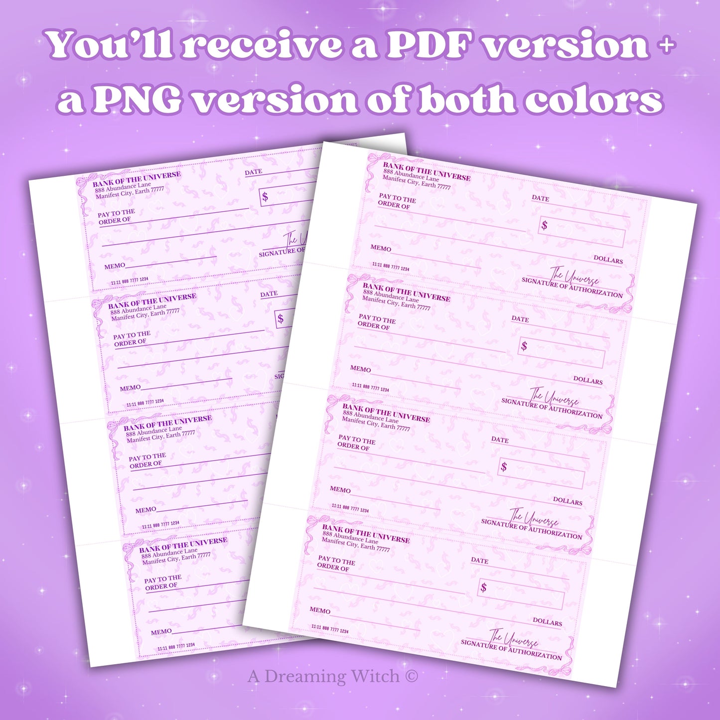 Manifestation Checks ♡ Printable Download | Pink + Purple PDF + PNG