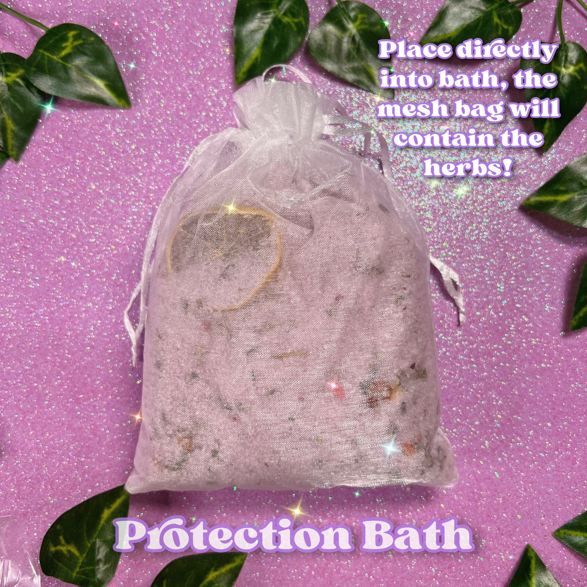 drawstring bag filled with herbal bath salts