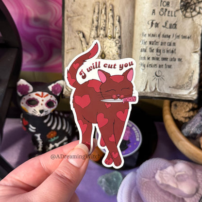 I Will Cut You Kitty Cat | Glossy Waterproof Sticker | Pink Knife Cat