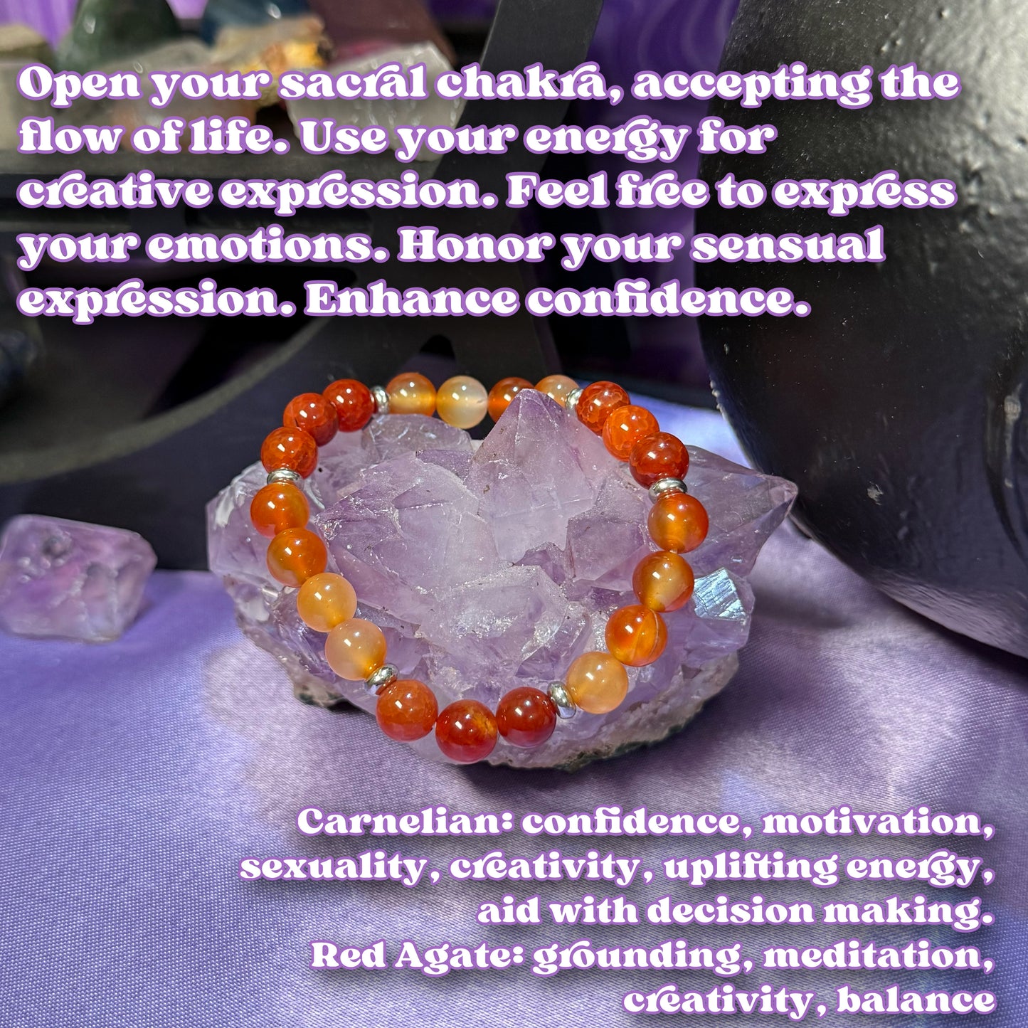 Sacral Chakra Bracelet | Intention + Reiki Infused | Carnelian + Red Agate Crystal