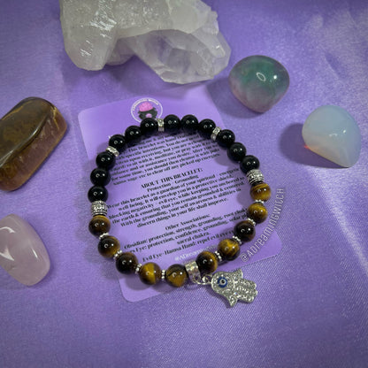 Spiritual Protection + Grounding Bracelet | Intention + Reiki Infused | Tigers Eye + Obsidian Crystal