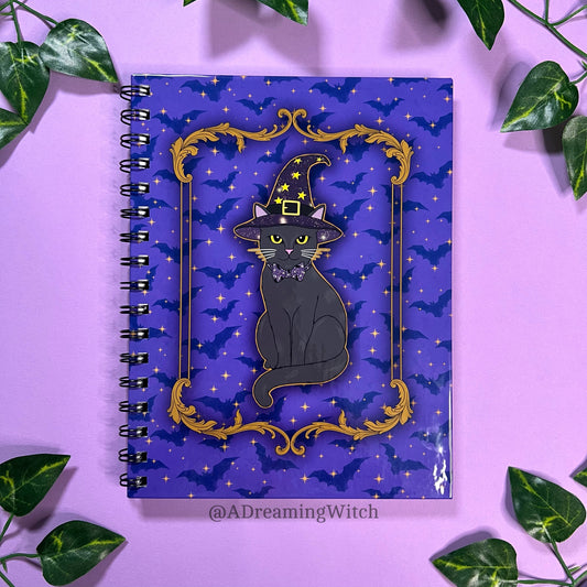 Witchy Cats and Bats | Spiral Notebook | 6.5"x8.5" | Colored Lined Pages | Witchy, halloween, spooky theme