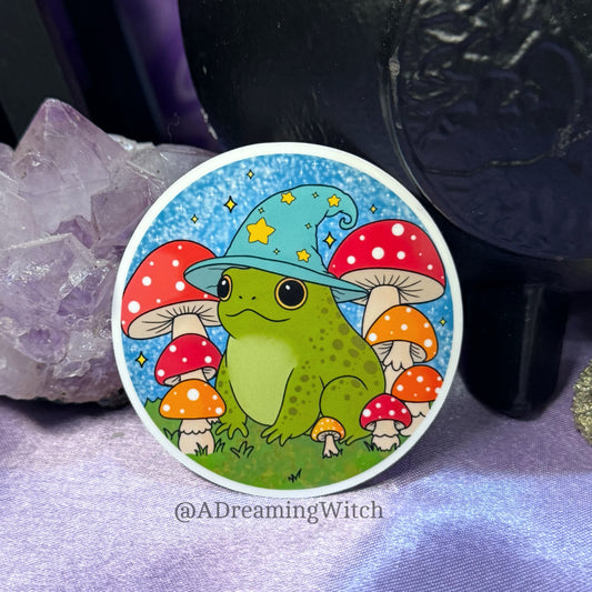 Wizard Toad | Glossy Waterproof Sticker | Frog, mushroom, wizard hat