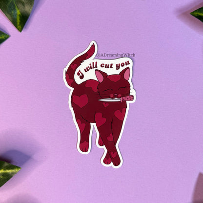 I Will Cut You Kitty Cat | Glossy Waterproof Sticker | Pink Knife Cat