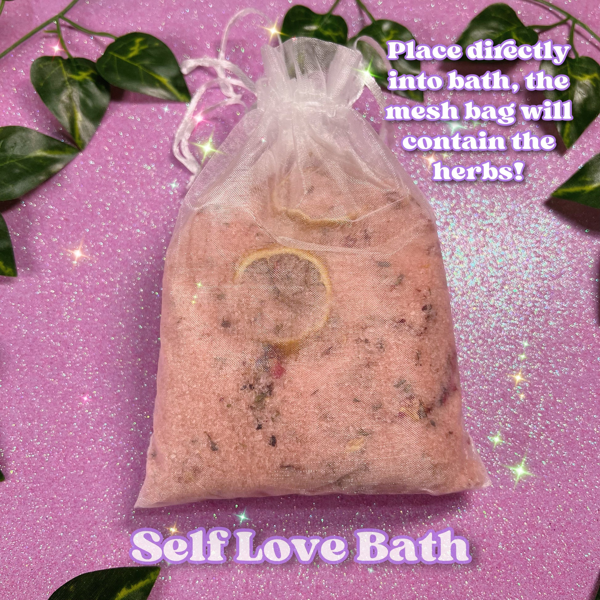 drawstring herbal bath salts with herbs for self love