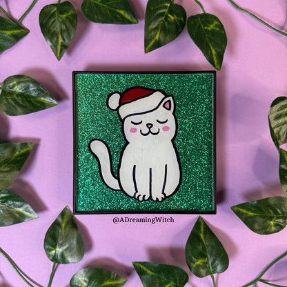 Christmas Kitty Cat | 4 x 4 Painted Frame, Ready to Display