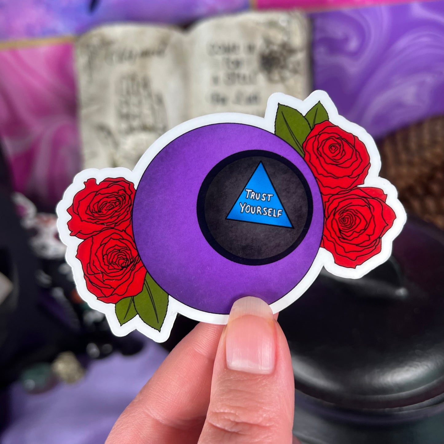 Trust Yourself Magic 8 Ball | Glossy Waterproof Sticker | purple, red roses