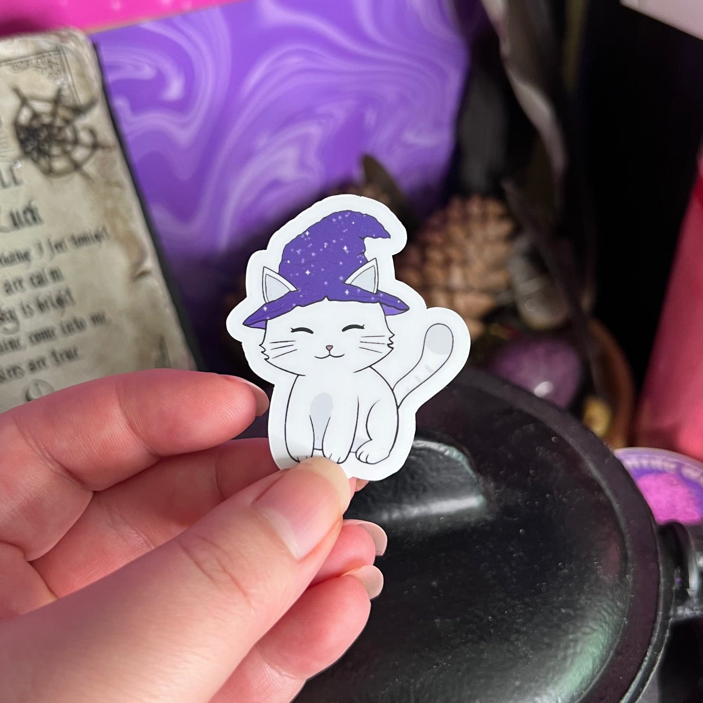 Witchy Cat | Glossy Waterproof Sticker | Mystical cat, witches familiar, Cute