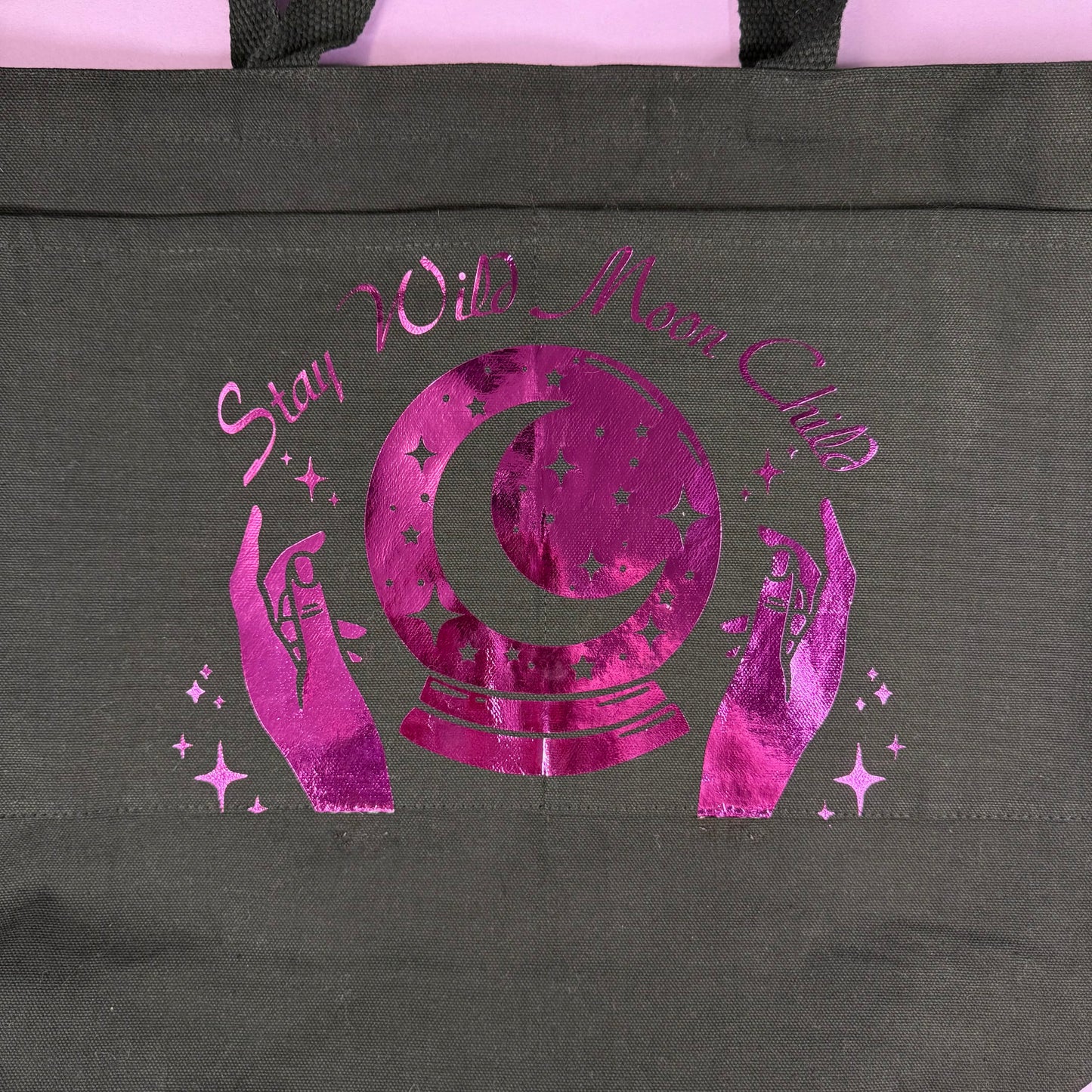 Stay Wild Moon Child | Large 3 Pocket Tote Bag | Hot Pink / Fuchsia Foil Vinyl