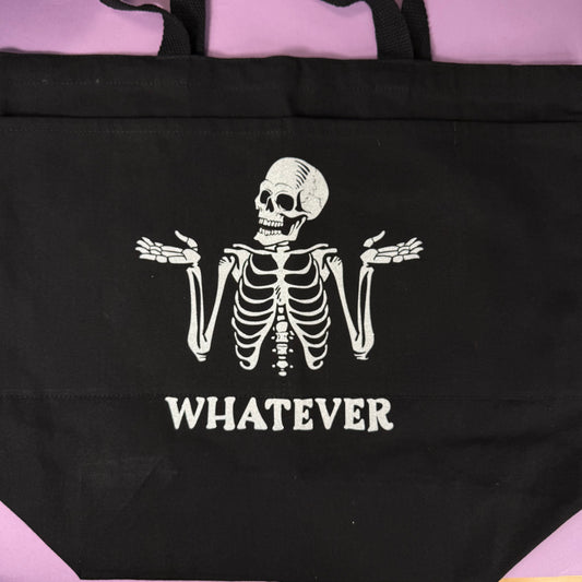 Whatever Shrugging Skeleton | Large 3 Pocket Tote Bag | White Glitter Vinyl or Silver Glitter Vinyl