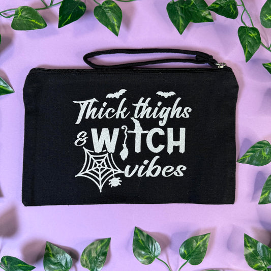 Thick Thighs Witch Vibes | Wristlet Bag | White Glitter Vinyl