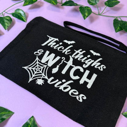 Thick Thighs Witch Vibes | Wristlet Bag | White Glitter Vinyl