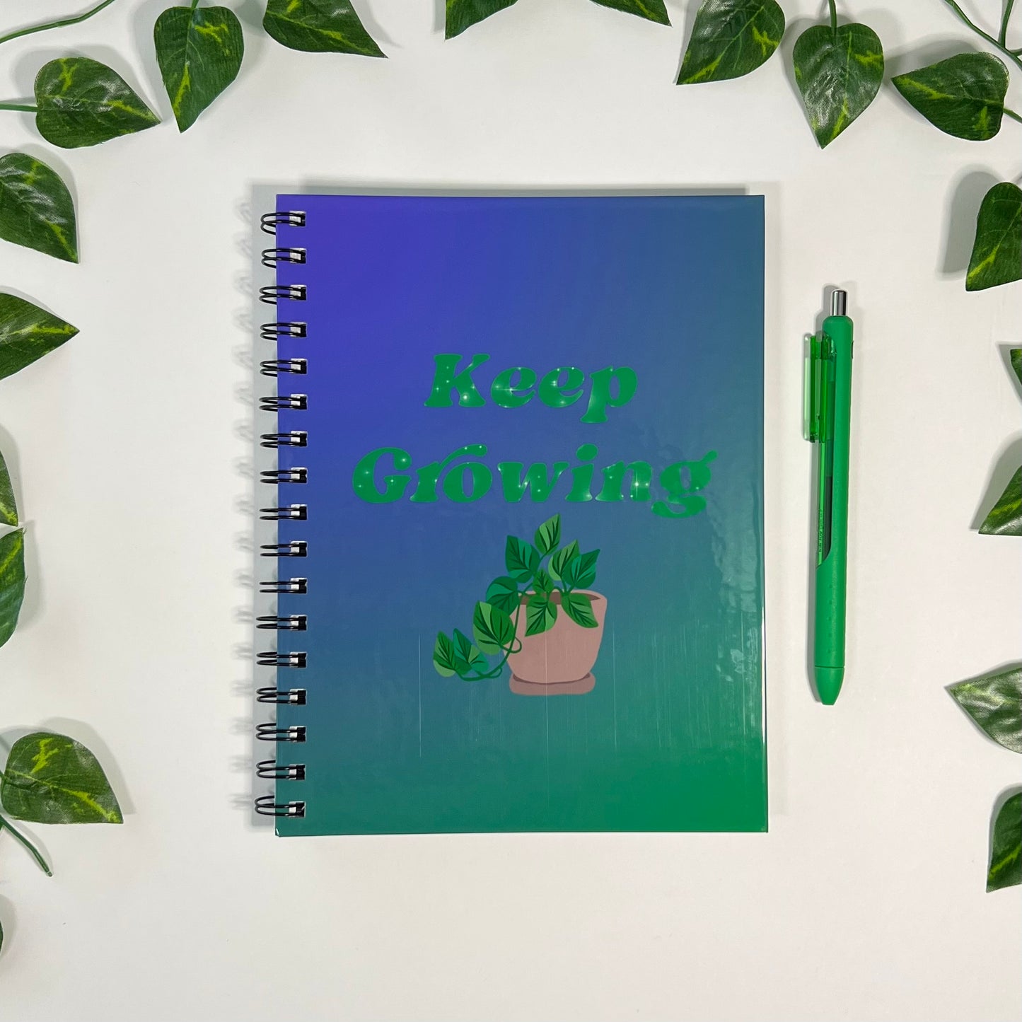 Keep Growing | Homemade Spiral Notebook | 6.5”x8.5” | Lined Leaf Print Pages