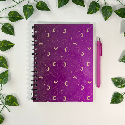 Witchy Purple Clouds | Moon Phase Tracking | Homemade Spiral Notebook | 6.5”x8.5” | Purple Lined Pages