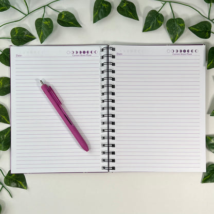 Witchy Purple Clouds | Moon Phase Tracking | Homemade Spiral Notebook | 6.5”x8.5” | Purple Lined Pages