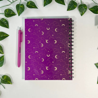 Witchy Purple Clouds | Moon Phase Tracking | Homemade Spiral Notebook | 6.5”x8.5” | Purple Lined Pages