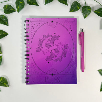 Pisces Zodiac | Homemade Spiral Notebook | 6.5”x8.5” | Constellation + Zodiac Print Lined Pages