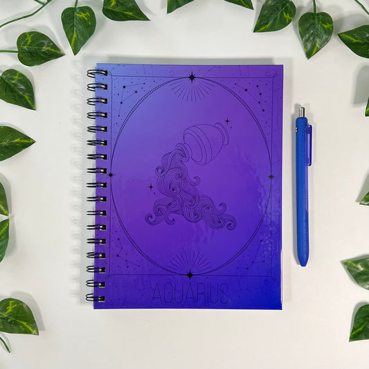 Aquarius Zodiac | Homemade Spiral Notebook | 6.5”x8.5” | Constellation + Zodiac Print Lined Pages