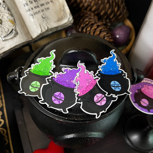 Cute Witchy Cauldrons | Waterproof Glossy Vinyl Sticker | Pink Purple Green Blue