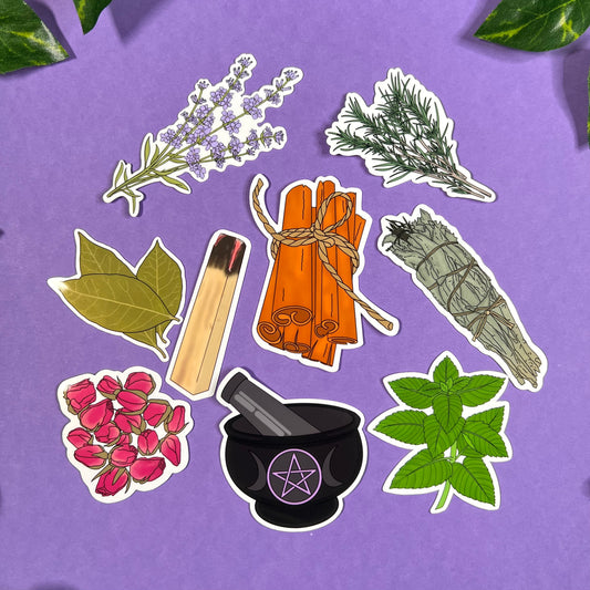 Witches' Herbs Sticker Pack | Waterproof Glossy Stickers | 8 Herbs + Mortar Pestle