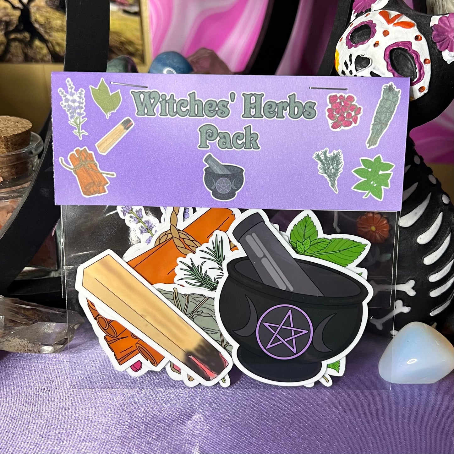 Witches' Herbs Sticker Pack | Waterproof Glossy Stickers | 8 Herbs + Mortar Pestle