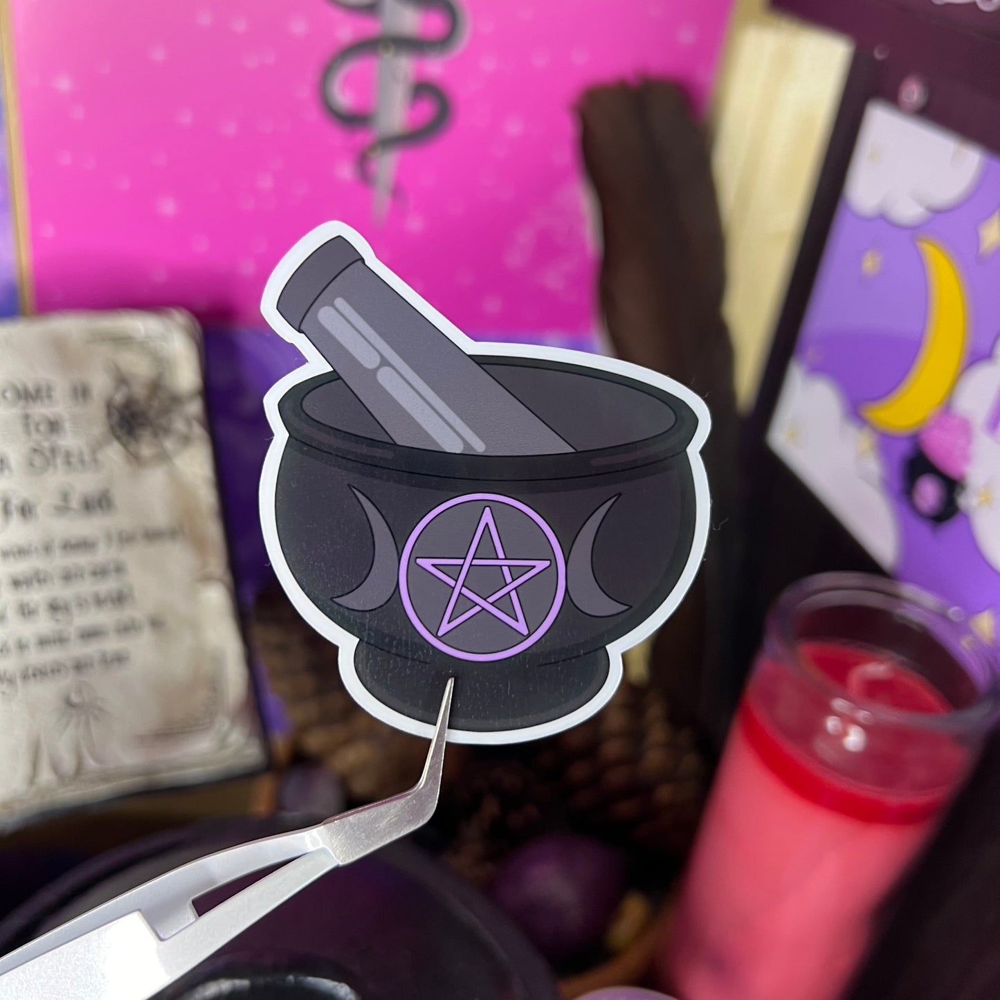 cute witchy mortar and pestle with purple pentagram and triple moon symbolism