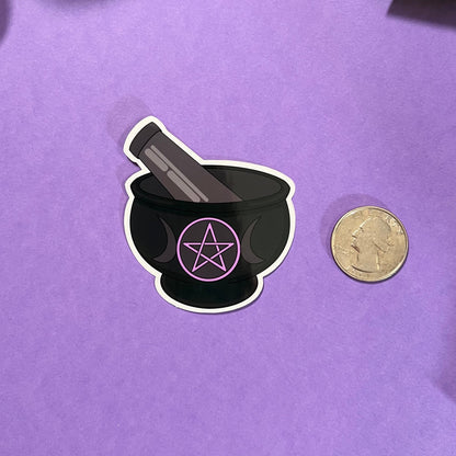 cute witchy mortar and pestle with purple pentagram and triple moon symbolism