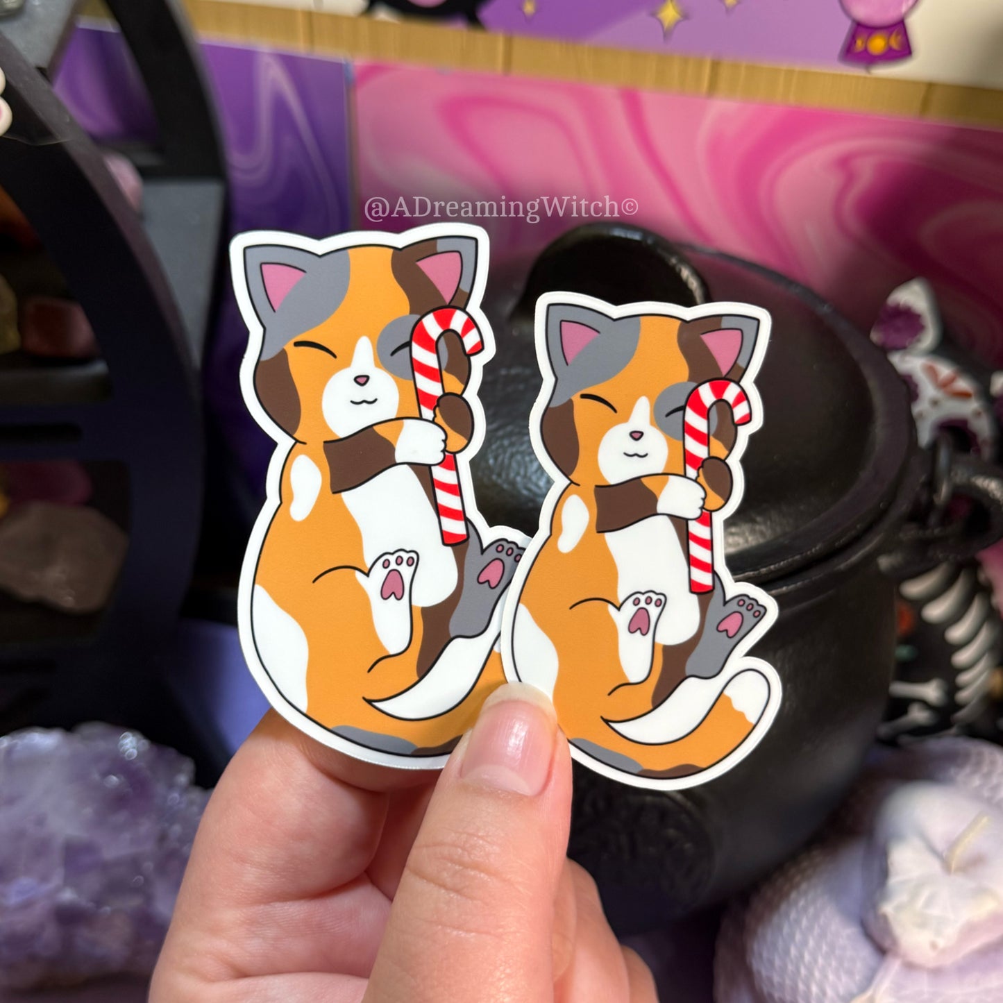 Candy Cane Calico Kitty | Glossy Waterproof Sticker