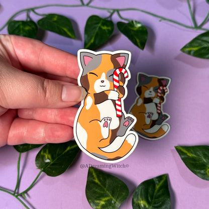 Candy Cane Calico Kitty | Glossy Waterproof Sticker
