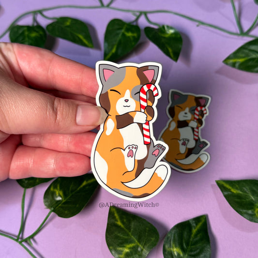 Candy Cane Calico Kitty | Glossy Waterproof Sticker