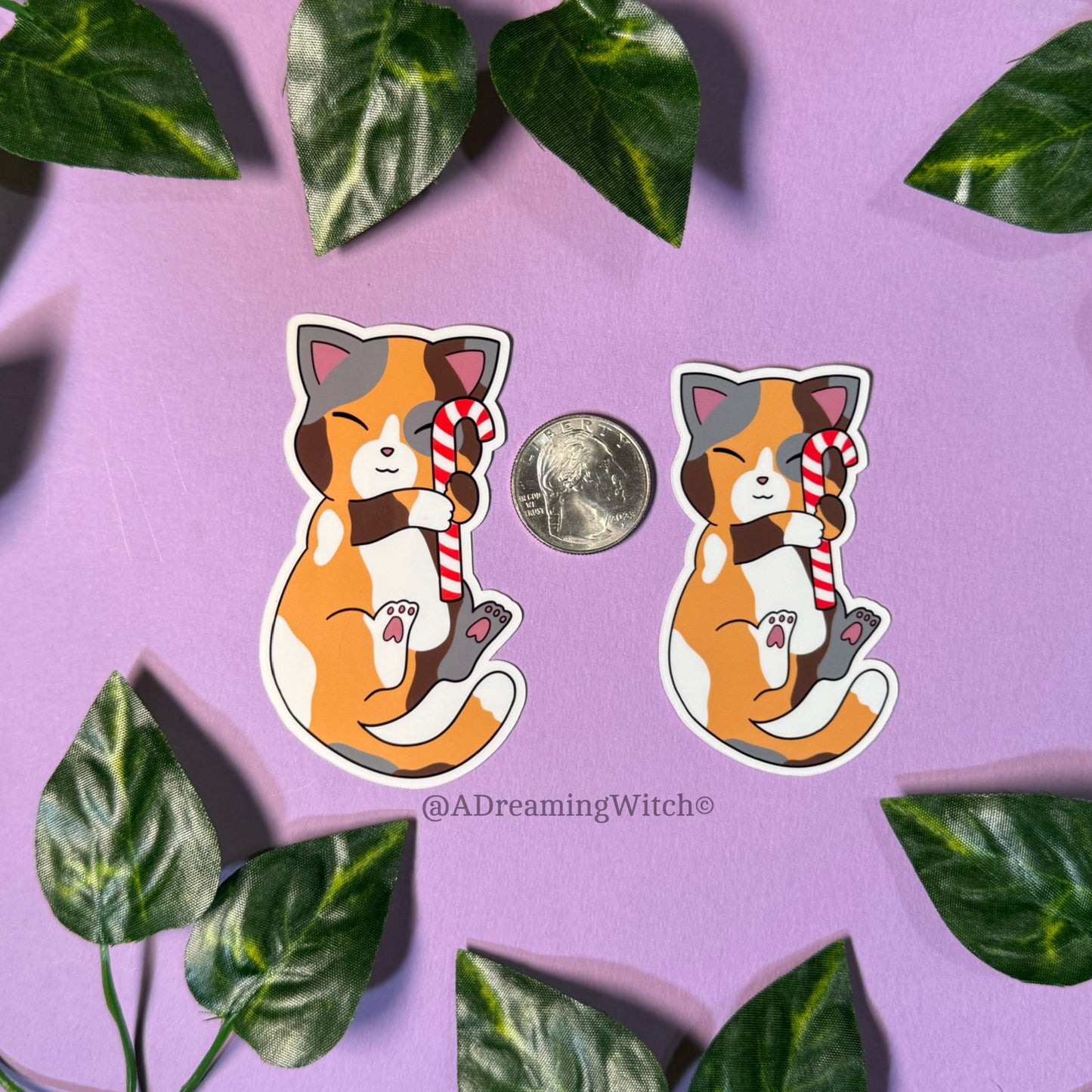 Candy Cane Calico Kitty | Glossy Waterproof Sticker
