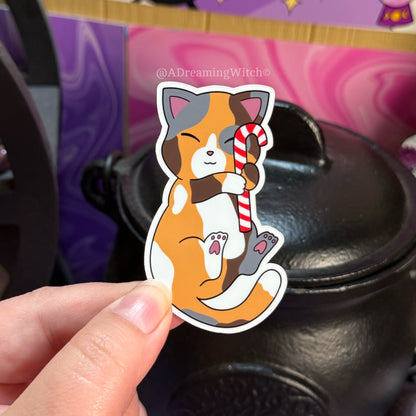 Candy Cane Calico Kitty | Glossy Waterproof Sticker