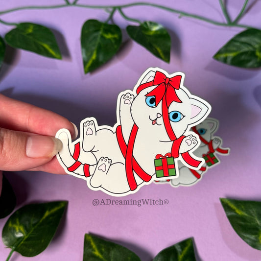 Christmas Wrapped Kitty | Glossy Waterproof Sticker