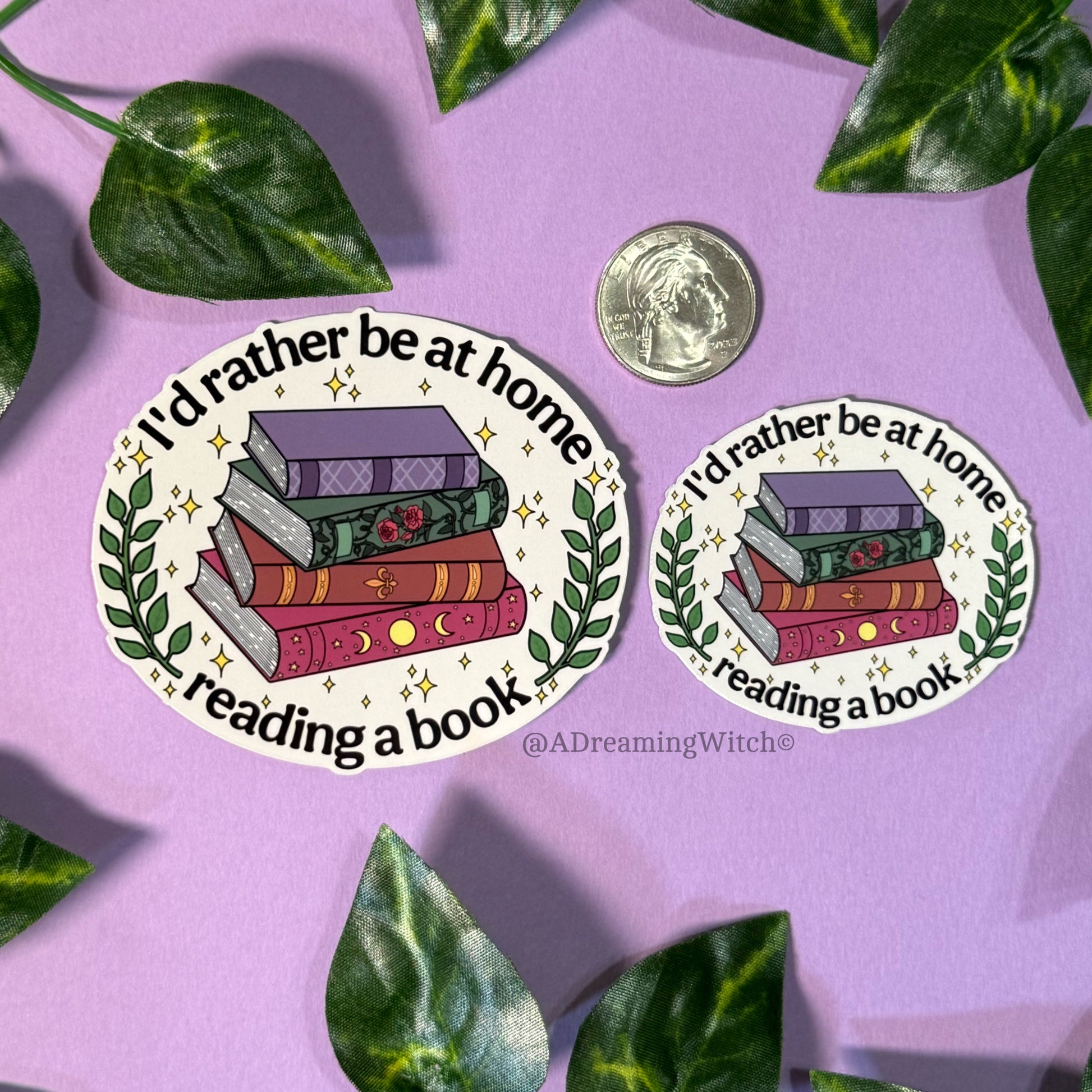 Two stickers with books and text on a purple background with leaves.