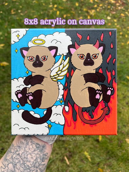 Angel and Devil Siamese Kitties 8x8 Canvas Painting