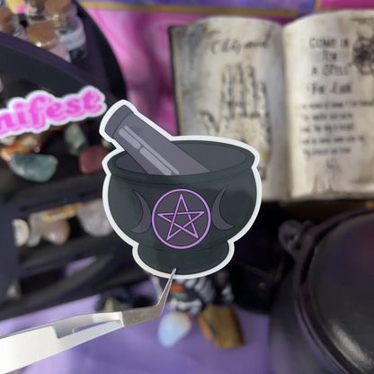 Mortar & Pestle | Glossy Waterproof Sticker | Witchy, Purple Pentagram, Triple Moon